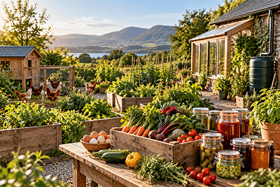 Off-grid vegetable garden with homegrown produce, herbs, chickens and jars of preserved food ready for storage.
