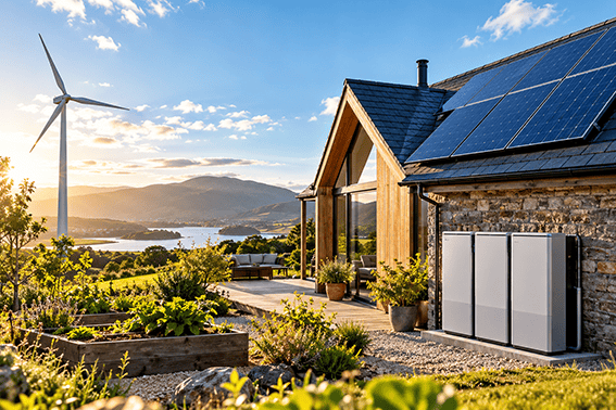 Off-grid home with rooftop solar panels, a wind turbine and battery storage in a rural countryside setting.