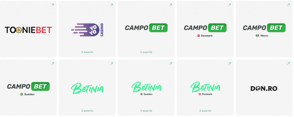 oft2Bet casino brands including ToonieBet, YoYo Casino, CampoBet, Betinia, and Don.ro with regional variations and award mentions.
