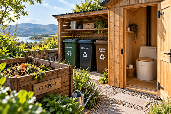 Off-grid waste management area with composting, recycling bins and a composting toilet at a rural home.