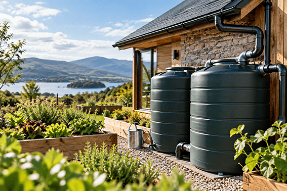Rainwater harvesting system with storage tanks connected to an off-grid home beside a productive vegetable garden.