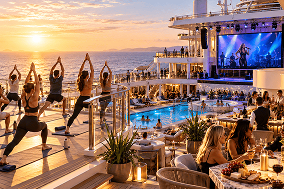 Cruise ship activities at sunset including outdoor yoga, swimming, live entertainment and onboard dining.