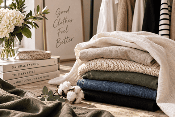 Selection of natural and comfortable clothing fabrics including linen, cotton, knitwear and denim arranged in a stylish wardrobe setting.